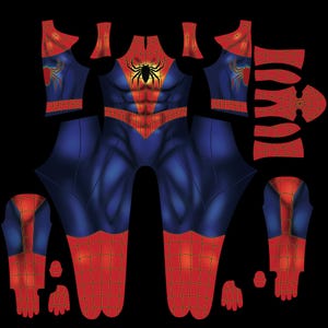 Puede incluir: Un patr&oacute;n de disfraz de Spider-Man azul y rojo sobre un fondo negro. El disfraz presenta un emblema de ara&ntilde;a roja en el pecho y secciones rojas con telara&ntilde;as en los brazos, las piernas y la m&aacute;scara. Las secciones azules tienen sombreado.
