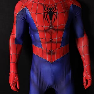 May include: A full-body Spider-Man costume in red and blue. The costume features a red spiderweb pattern on the upper body and arms, with a black spider emblem on the chest. The lower body is blue.