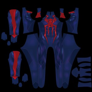 May include: A blue and red superhero costume pattern laid out on a black background. The costume features a large red spider emblem on the chest and red accents on the arms and legs. The pattern is cut into multiple pieces.
