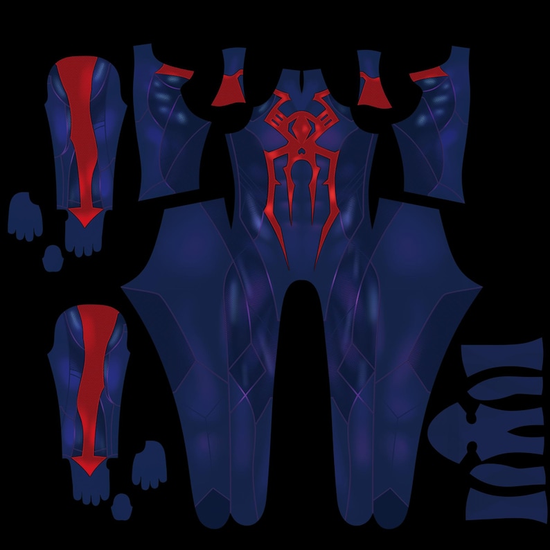 May include: A blue and red superhero costume pattern laid out on a black background. The costume features a large red spider emblem on the chest and red accents on the arms and legs. The pattern is cut into multiple pieces.