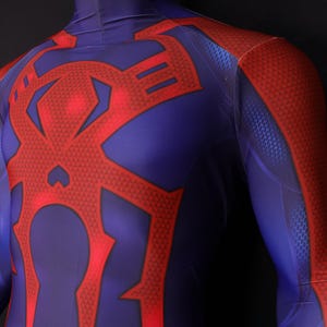 May include: A blue and red superhero costume. The suit features a large red spider emblem on the chest and back, with red accents on the shoulders and arms. The fabric has a textured pattern.