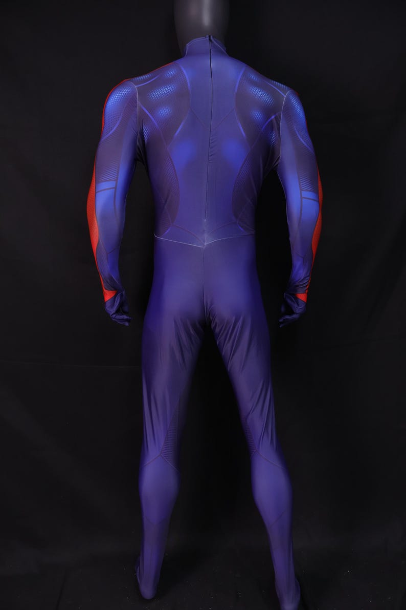 May include: A full-body, form-fitting costume in shades of blue and red. The suit has a high collar and covers the entire body, including the hands. Red accents are on the shoulders and arms. The back of the suit is visible.