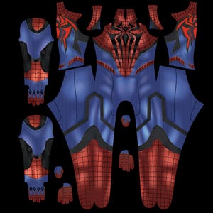 May include: A blue and red superhero costume pattern. The costume features a spiderweb design on the red sections, with blue panels and black accents. The design includes separate pieces for the arms, legs, torso, and gloves.