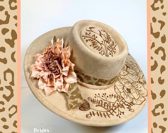 Burned Hat-Pyrography Hat-Vegan Suede Burned Fedora-Women’s Fedora-Custom Fedora-Custom Hat-Boater Hat