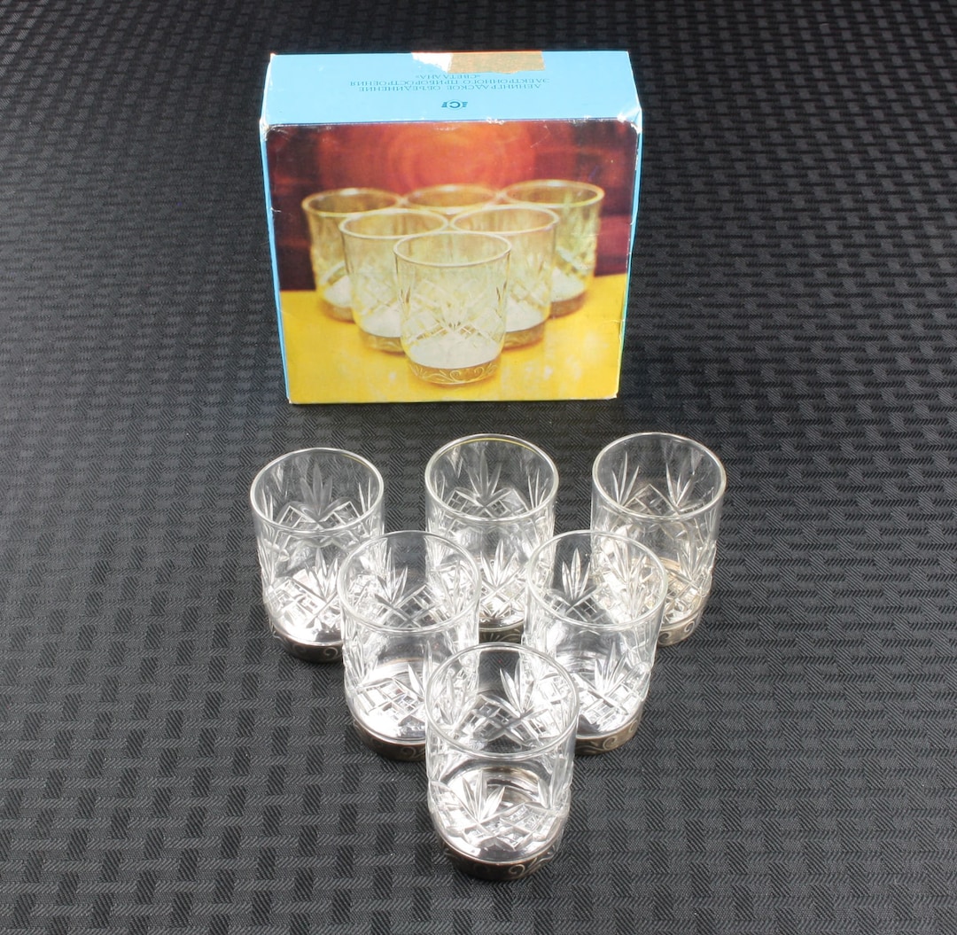 Lot of 6 Vintage Lead Crystal Shot Glasses With Metal Base by USSR