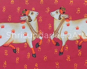 Pichwai Painting of Beautiful Cows Hand Painted On Cloth , Traditional Indian Pichwai Painting For Home Decor