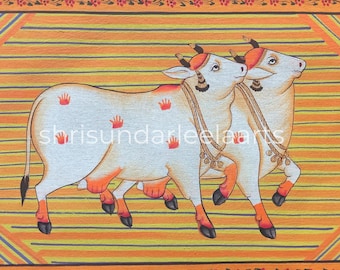 Pintura Pichwai de una vaca, pintura Pichwai tradicional india detallada para la decoración del hogar y la pared.