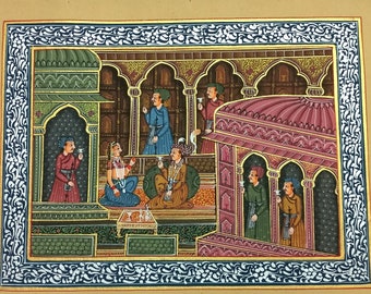 ムガル帝国のアクバル王のミニチュア絵画：インドのヴィンテージアート