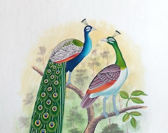 Beautiful Peacock Couple Bird Art Handmade Miniature Painting On Paper , Birds Painting