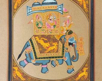 Set Of 2 Handmade Rajasthani Miniature Painting Of Maharaja Riding On Elephant On Paper with Emboss Work | Indian Miniature Painting