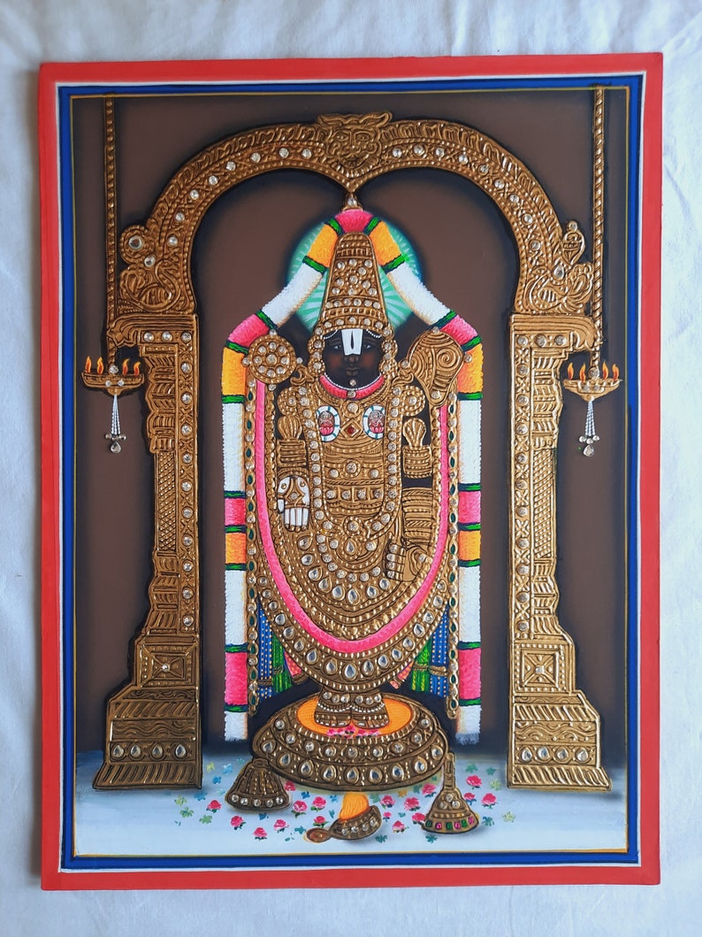 Tirupati Balaji Lord Venkateshwara Tanjore Art Painting With 22 Carat pure gold foil and Jarkan Stone , tanjore Painting image 5