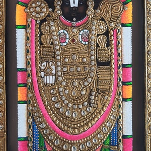 Tirupati Balaji Lord Venkateshwara Tanjore Art Painting With 22 Carat pure gold foil and Jarkan Stone , tanjore Painting image 4