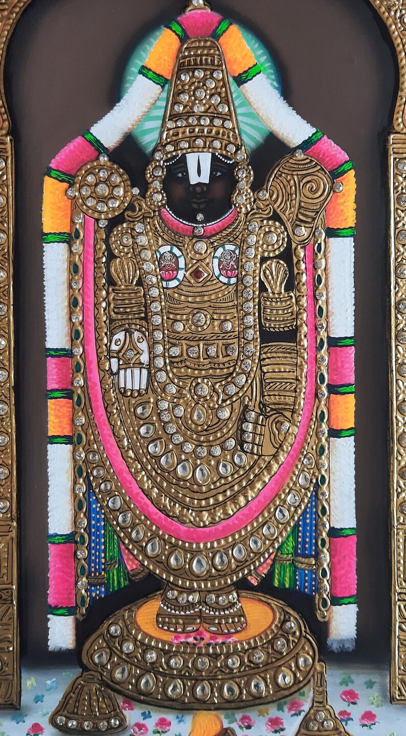 Tirupati Balaji Lord Venkateshwara Tanjore Art Painting With 22 Carat pure gold foil and Jarkan Stone , tanjore Painting image 4