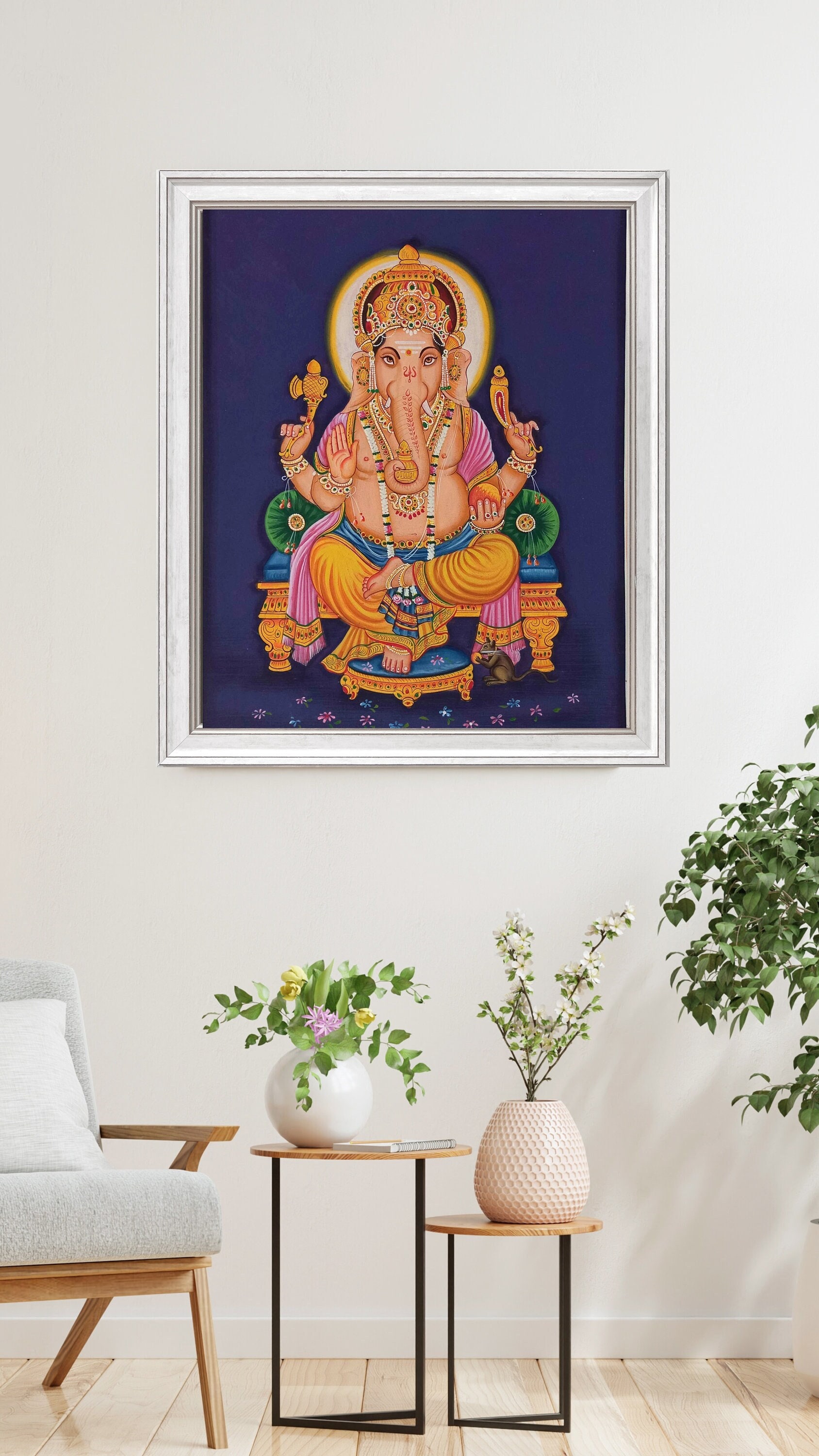 インドの神ガネーシャの手作りミニチュア絵画、紙に描かれたガネーシャ