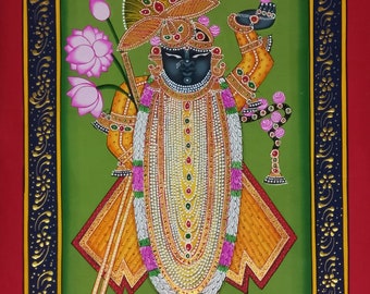 Traditional Shrinath Ji Painting with cow & Peacock Hand Painted on cloth, Indian Pichwai Painting , Home Decor,  Art, Handmade,Wall Hanging