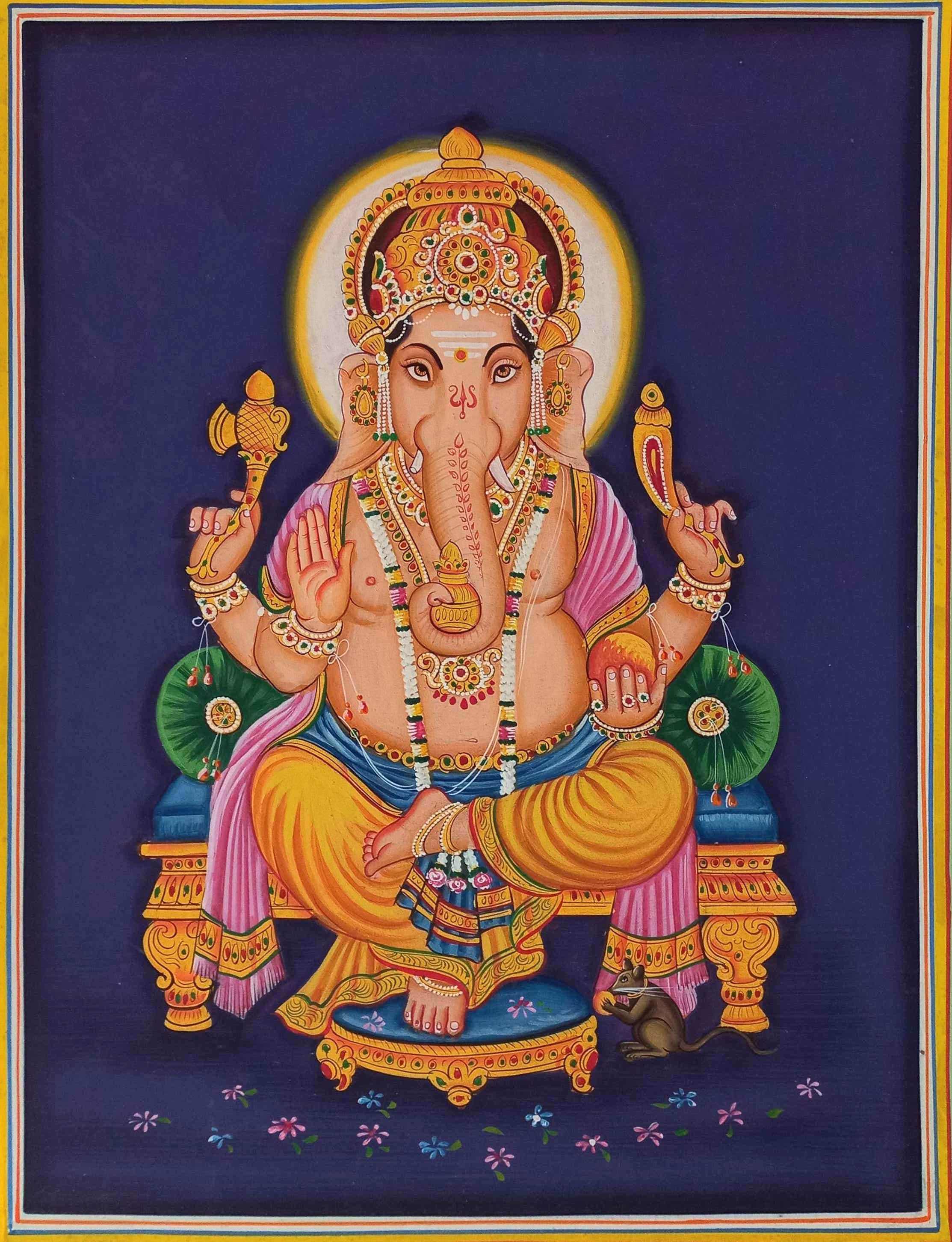 インドの神ガネーシャの手作りミニチュア絵画、紙に描かれたガネーシャ