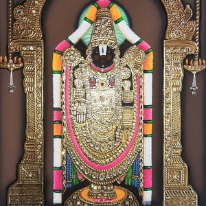 Tirupati Balaji Lord Venkateshwara Tanjore Art Painting With 22 Carat pure gold foil and Jarkan Stone , tanjore Painting image 6