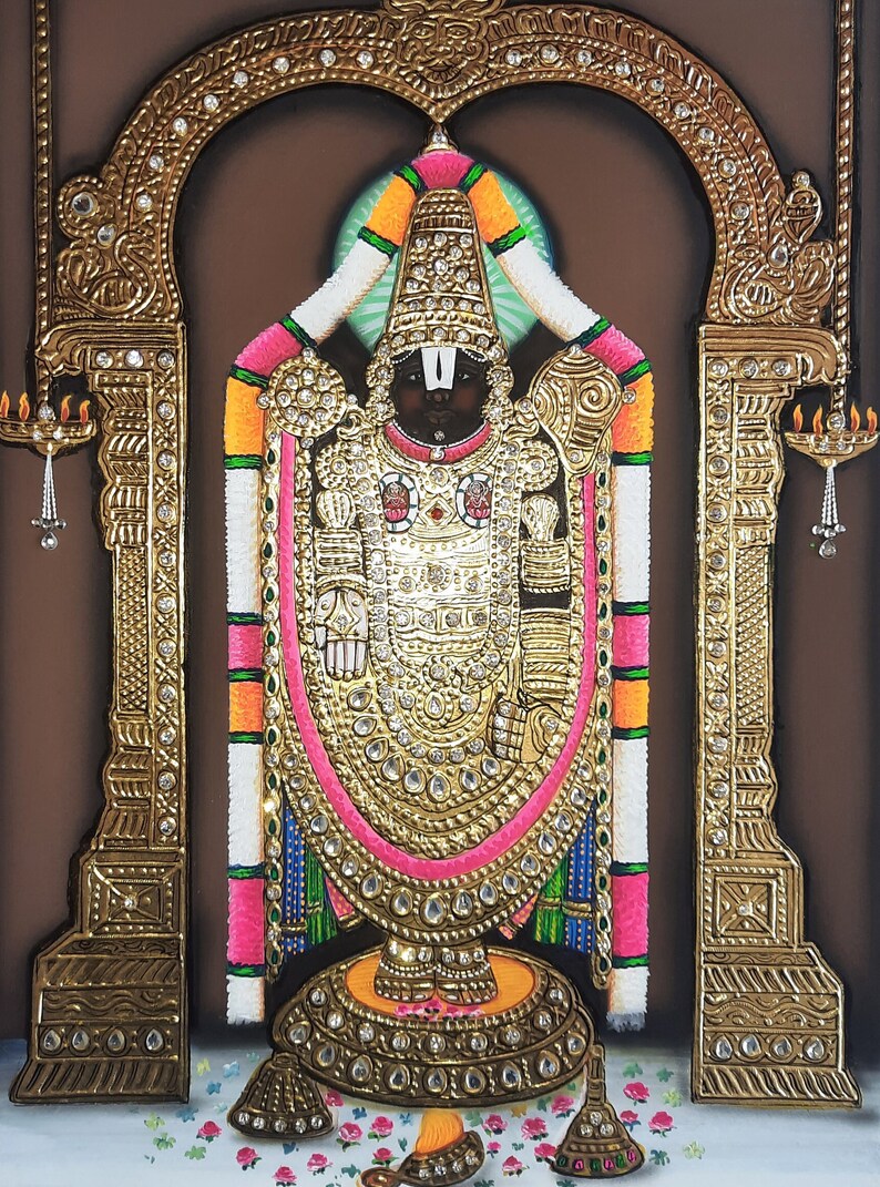 Tirupati Balaji Lord Venkateshwara Tanjore Art Painting With 22 Carat pure gold foil and Jarkan Stone , tanjore Painting image 6