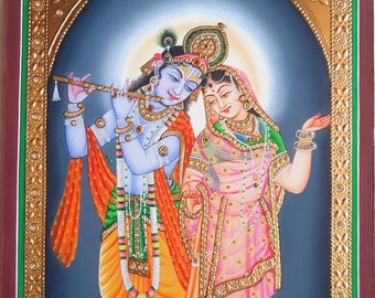 Radha Krishna Tanjore Pintura fina hecha a mano sobre lámina de oro real de 22 quilates, Pintura Radha Krishna, Arte religioso, Decoración de pared