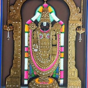 Tirupati Balaji Lord Venkateshwara Tanjore Art Painting With 22 Carat pure gold foil and Jarkan Stone , tanjore Painting image 2