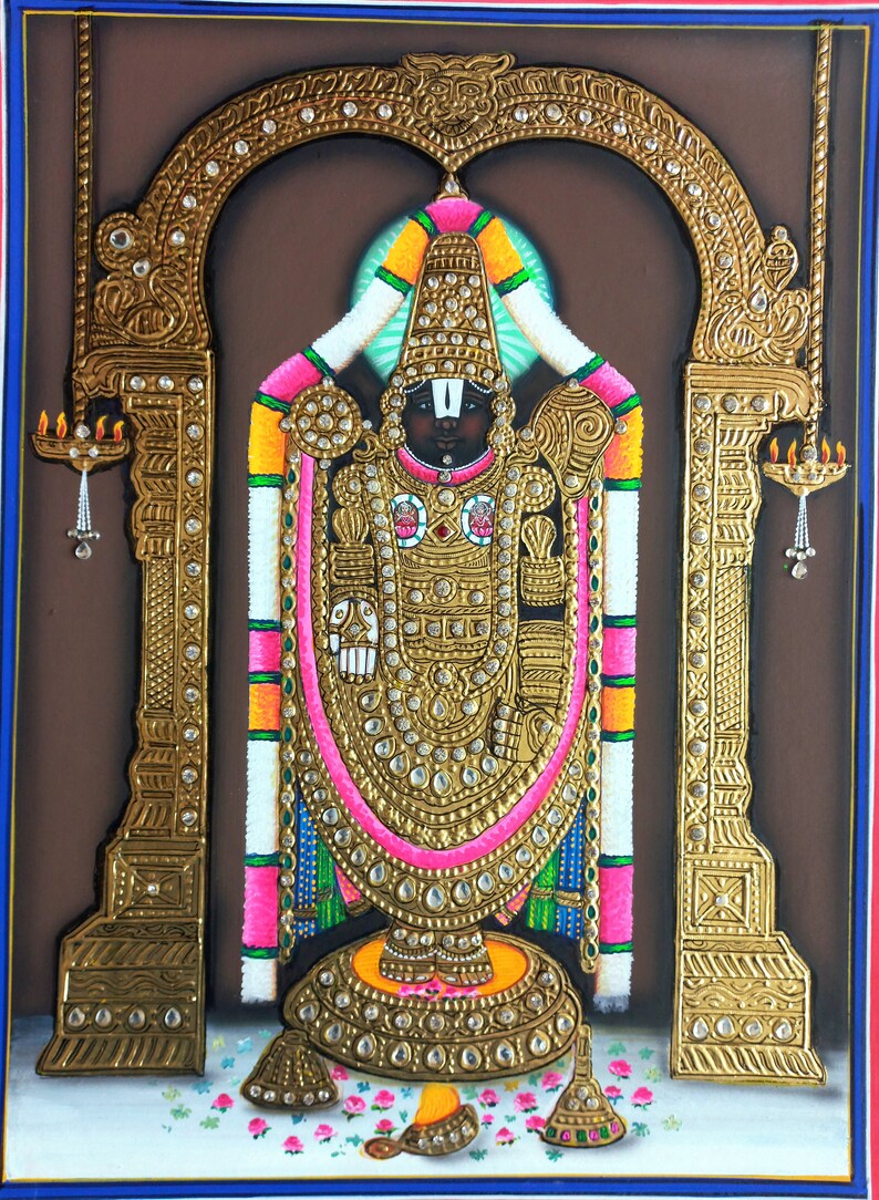 Tirupati Balaji Lord Venkateshwara Tanjore Art Painting With 22 Carat pure gold foil and Jarkan Stone , tanjore Painting image 2