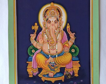 インドの神ガネーシャの手作りミニチュア絵画、紙に描かれたガネーシャ