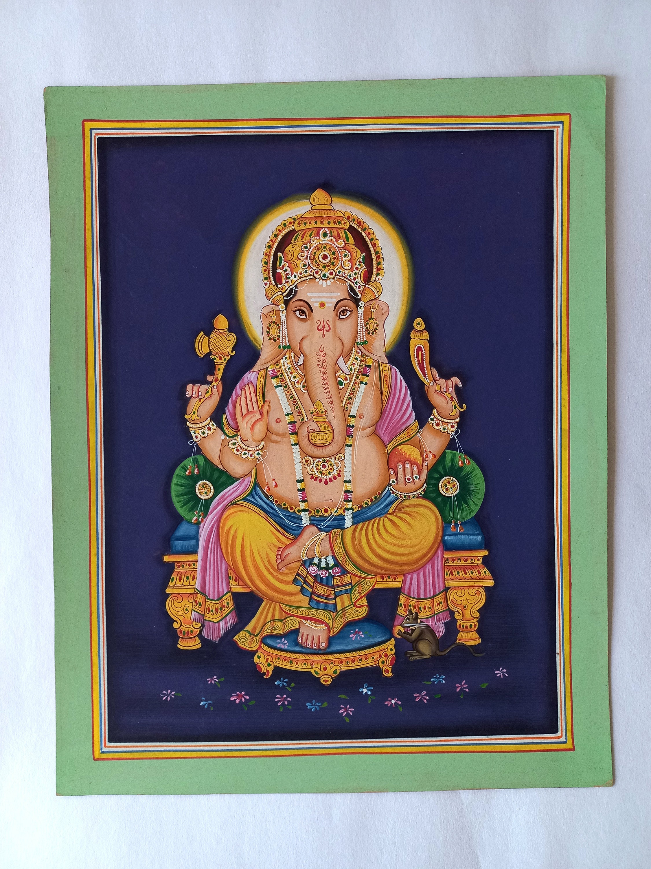 インドの神ガネーシャの手作りミニチュア絵画、紙に描かれたガネーシャ