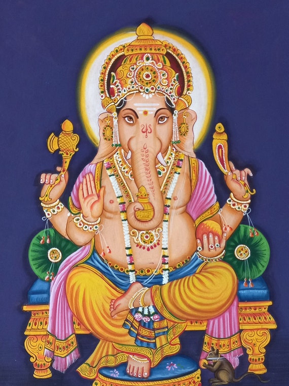 インドの神ガネーシャの手作りミニチュア絵画、紙に描かれたガネーシャ