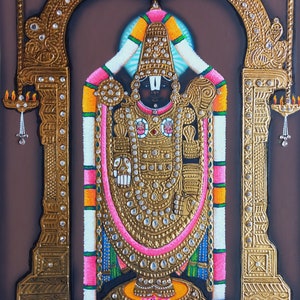 Tirupati Balaji Lord Venkateshwara Tanjore Art Painting With 22 Carat pure gold foil and Jarkan Stone , tanjore Painting image 3