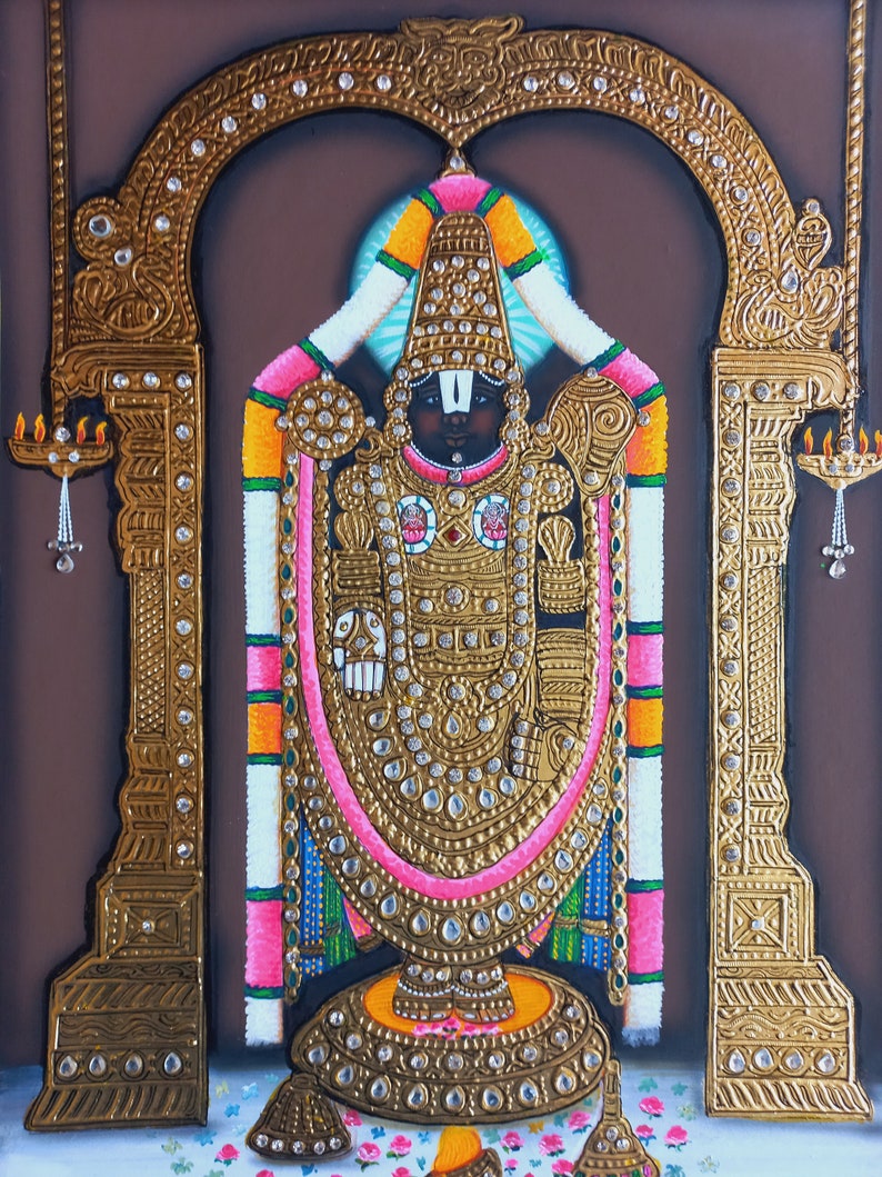 Tirupati Balaji Lord Venkateshwara Tanjore Art Painting With 22 Carat pure gold foil and Jarkan Stone , tanjore Painting image 3