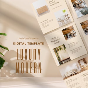 Può includere: Modello di post sui social media per un'azienda di interior design moderno e di lusso. Il modello presenta immagini di una cucina moderna, un soggiorno e una camera da letto con testo che recita "Dream Design for Your Dream House" e "Modern Minimalist Design".