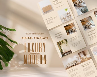 May include: Social media post template for a luxury modern interior design company. The template features images of a modern kitchen, living room, and bedroom with text that reads "Dream Design for Your Dream House" and "Modern Minimalist Design".
