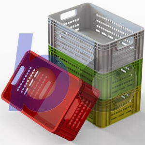 May include: A stack of three rectangular plastic storage crates in light grey, green, and yellow, with a single red crate positioned at an angle in the foreground. Each crate features a perforated grid pattern and integrated side handles.