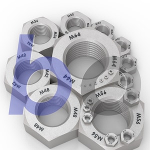 May include: A collection of silver-coloured hexagonal metal nuts of varying sizes, each clearly marked with its specific metric designation including M64, M56, M48, M42, M36, M30, M24, M20, M18, M16, M14, M12, M10, and M8, arranged in a cluster.