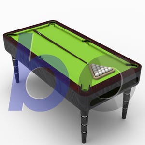 May include: A miniature pool table with a green felt surface, dark wood trim, and black legs. A pool cue rests on the table, alongside a rack of billiard balls. The table is designed for recreational use.