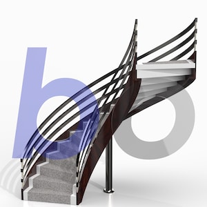 May include: A curved staircase featuring dark wood side panels, white risers, and grey carpeted treads. The structure includes a black metal railing with multiple horizontal bars and is supported by a central black metal pole on a white background.