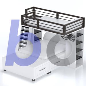May include: A white and black loft bed with a built-in ladder, shelves, and storage drawers. The upper level has a mattress and a black metal railing. The bed frame is white, with black accents.