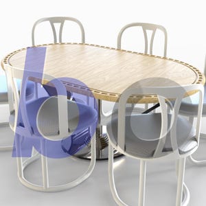 May include: A modern dining set featuring a light wood oval table with a decorative border and white metal frame. The set includes four white chairs with gray perforated seats and curved backs. The table is approximately 60 inches long.