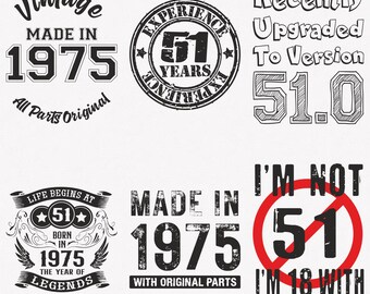 1975 Svg, 51st Birthday Svg, 6-pack 1975 Svg Bundle, Made In 1975 Svg, Born In 1975 Svg, Cut And Iron-On Transfer Files