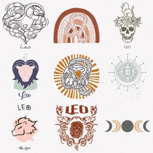 Leone in formato Svg, simbolo zodiacale Leone in formato Svg, segno zodiacale Leone in formato Svg, pacchetto da 9 pezzi Leo Oroscopo in formato Svg, Leo Boho Design Svg, file di trasferimento tagliati e termoadesivi