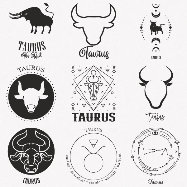 Taurus Svg, Bull Zodiac Symbol Svg, Taurus Zodiac Sign Svg, 9-Pack Taurus Horoscope Svg Bundle, Taurus Simple Svg