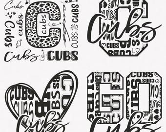 May include: Four black and white graphic designs featuring the word "Cubs" repeated in various sizes and styles. The designs are in the shape of a heart, a letter C, a letter G, and a letter O.