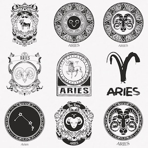 Aries Svg, Ram Zodiac Symbol Svg, Aries Zodiac Sign Svg, 9-Pack Aries Horoscope Svg Bundle, Aries Vintage Svg