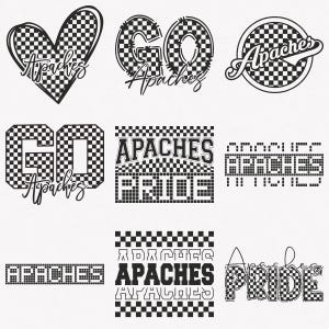 Könnte beinhalten: Eine Sammlung von Schwarz-Weiß-Grafiken mit dem Wort "Apaches" in verschiedenen Schriftarten und Designs. Einige Designs enthalten die Wörter "Go" und "Pride" mit einem Schachbrettmuster.