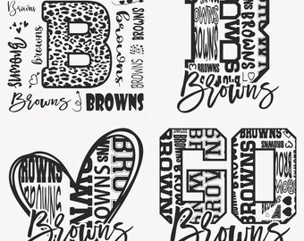 Puede incluir: Cuatro diseños en blanco y negro con la palabra "Browns". Un diseño es una "B" con estampado de leopardo, otro es un diseño "B" y "D", un diseño en forma de corazón y un diseño "60". La palabra "Browns" se repite en varias fuentes.