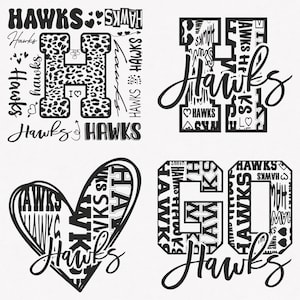 Puede incluir: Diseño gráfico en blanco y negro con la palabra "Hawks" repetida en diferentes fuentes y tamaños. La palabra "Hawks" está dispuesta en forma de las letras H, I, G y un corazón.