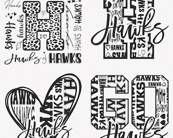 Hawks Svg, Hawks Typography 4 Sports Svg Mascot Pack, Hawks Typography Svg Cut Files Bundle, Hawks Mascot Svg Instant Download
