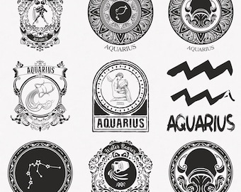 Aquarius Svg, Water Bearer Zodiac Symbol Svg, Aquarius Zodiac Sign Svg, 9-Pack Aquarius Horoscope Svg Bundle, Aquarius Vintage Svg