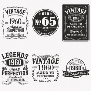 1960 Svg, 65th Birthday Svg, 6-pack 1960 Svg Bundle, Vintage 1960 Svg, Aged To Perfection 1960 Svg, Cut And Iron-On Transfer Files