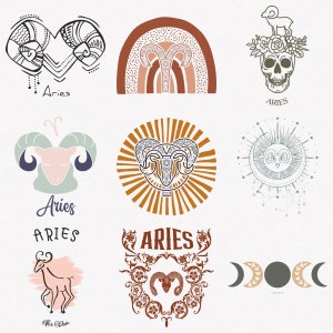 Aries Svg, Ram Zodiac Symbol Svg, Aries Zodiac Sign Svg, 9-Pack Aries Horoscope Svg Bundle, Aries Boho Design Svg